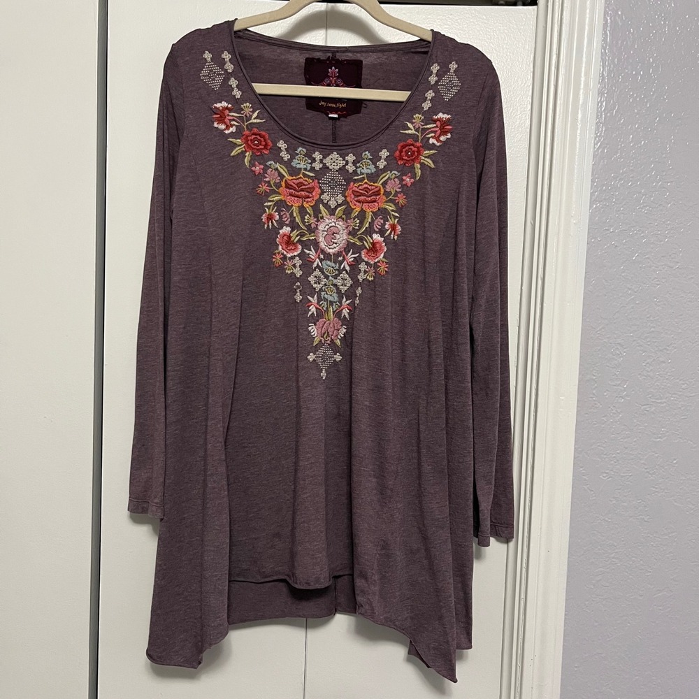JW Los Angeles Johnny Was Womens Plum Embroidered Sharkbite Tunic Top Large